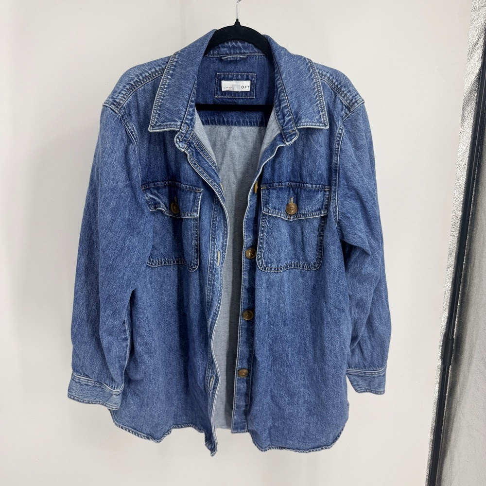 Loft Denim Shirt Jacket Medium Wash Blue Button Up Shacket Womens XL 90s Vibe